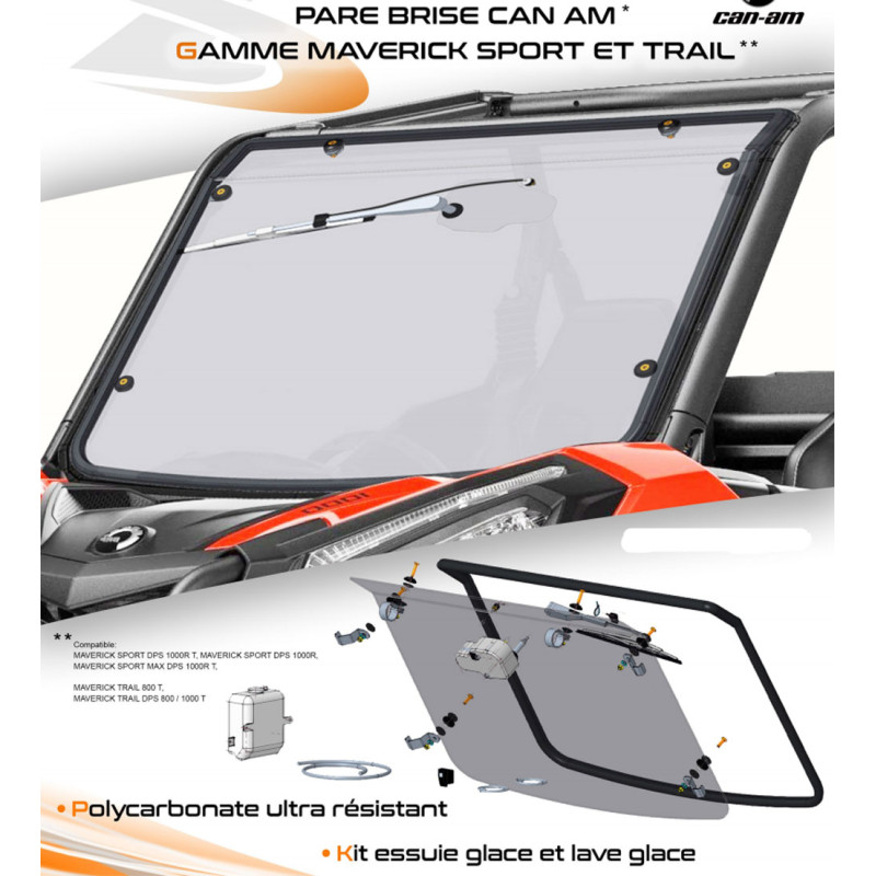 Pare Brise Polycarbonate + Essuie Glace 180°+ Lave Glace Maverick Sport Max 1000 Can-am fabrication française
